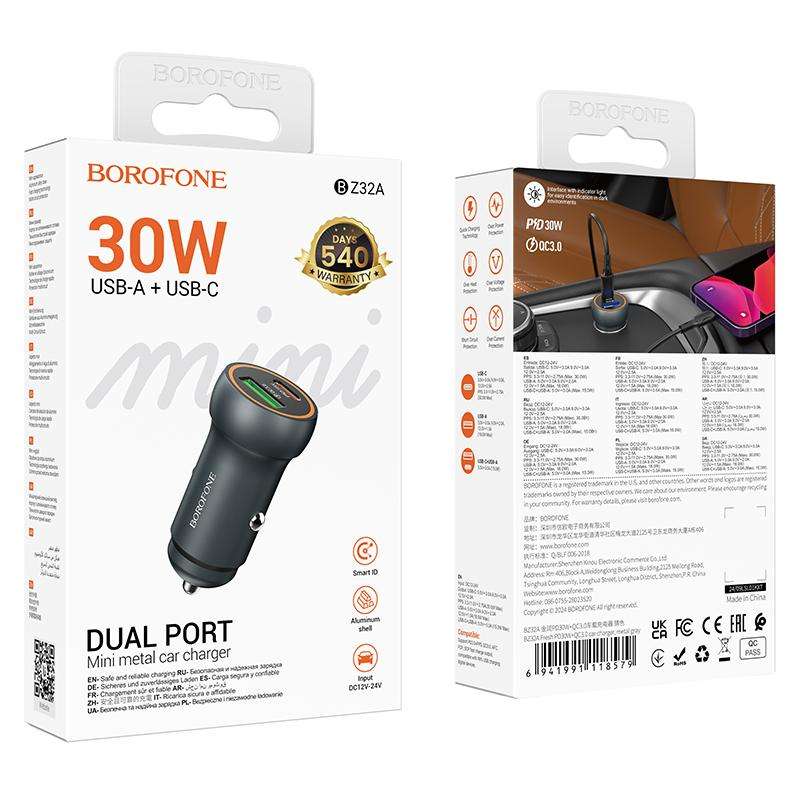 BOROFONE BZ32A Fresh PD30W Type-C and QC3.0 USB Car Charger(Metal Grey)