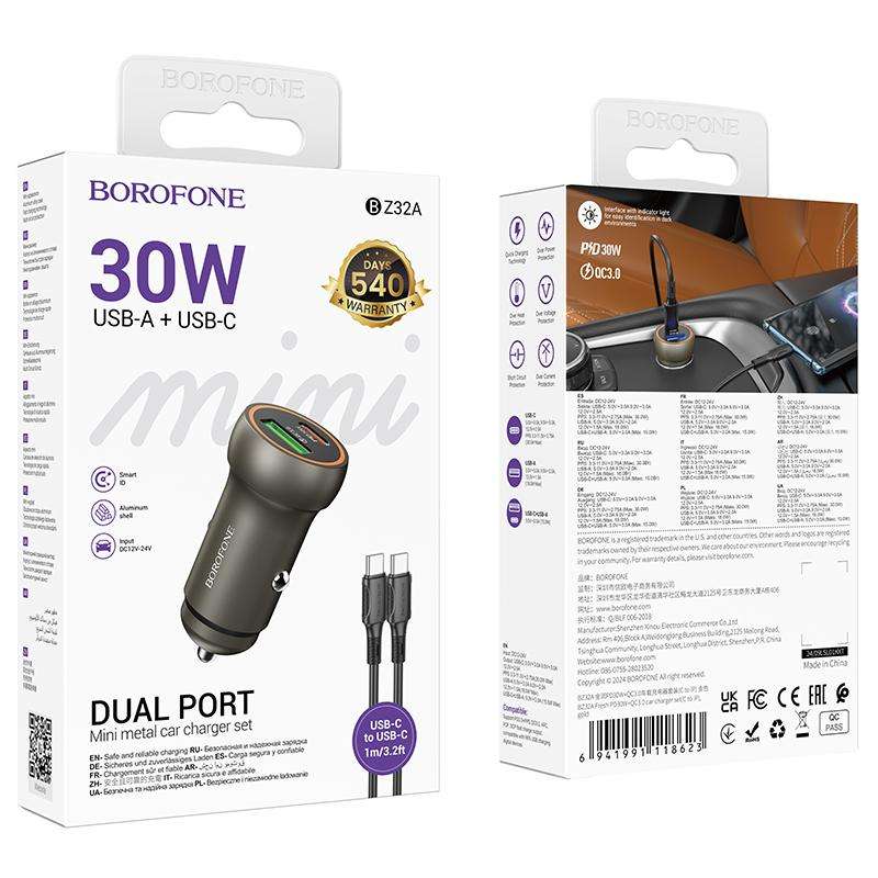 BOROFONE BZ32A Fresh PD30W Type-C and QC3.0 USB Car Charger Set with 1m Type-C Cable(Gold)