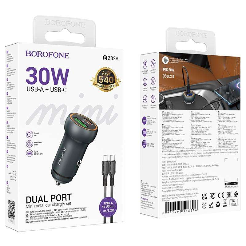 BOROFONE BZ32A Fresh PD30W Type-C and QC3.0 USB Car Charger Set with 1m Type-C Cable(Metal Grey)