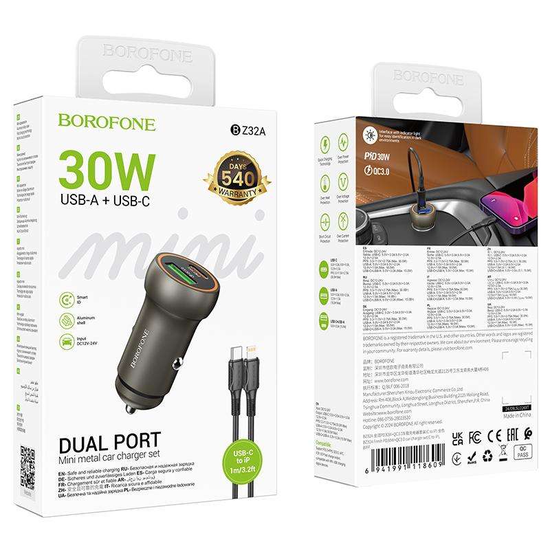 BOROFONE BZ32A Fresh PD30W Type-C and QC3.0 USB Car Charger Set with 1m 8 Pin Cable(Gold)