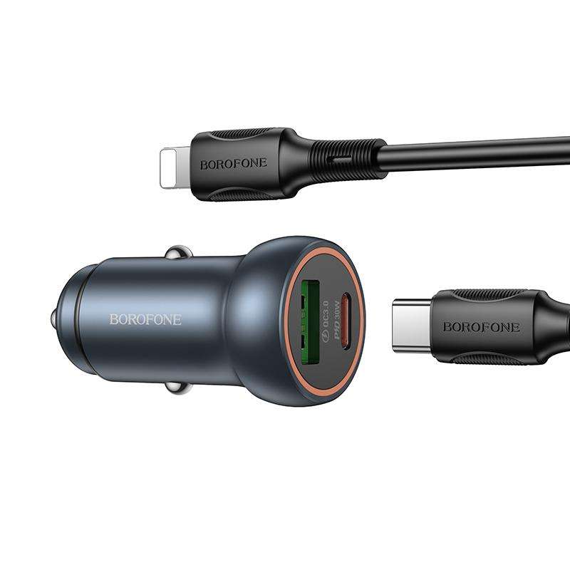 BOROFONE BZ32A Fresh PD30W Type-C and QC3.0 USB Car Charger Set with 1m 8 Pin Cable(Metal Grey)