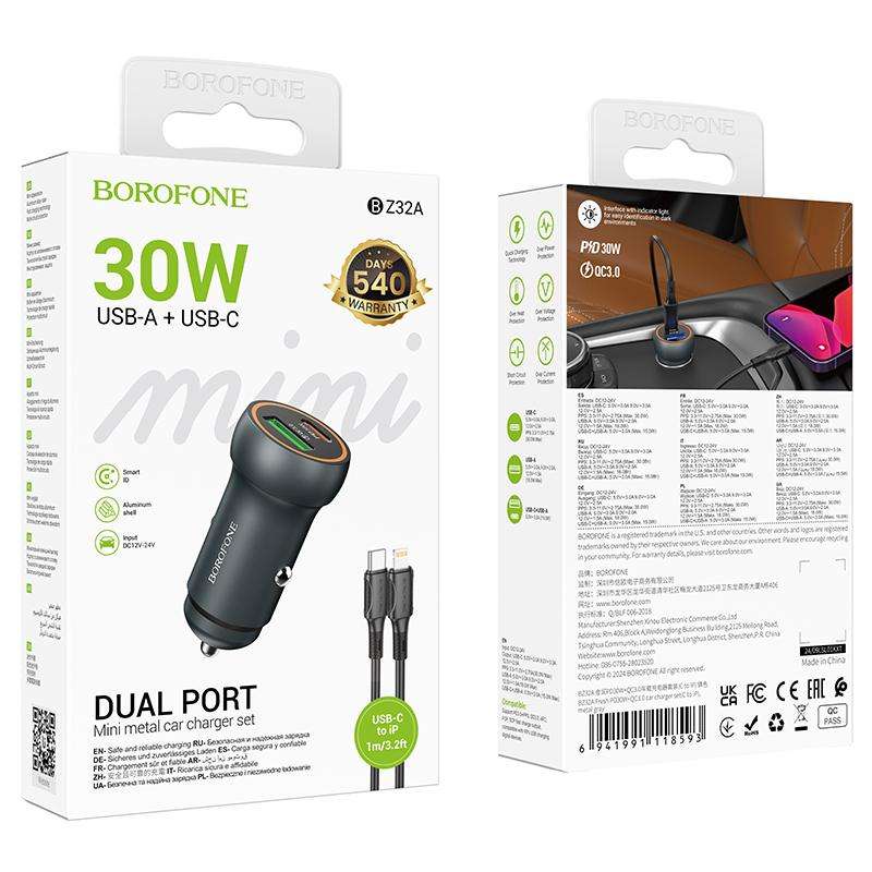 BOROFONE BZ32A Fresh PD30W Type-C and QC3.0 USB Car Charger Set with 1m 8 Pin Cable(Metal Grey)