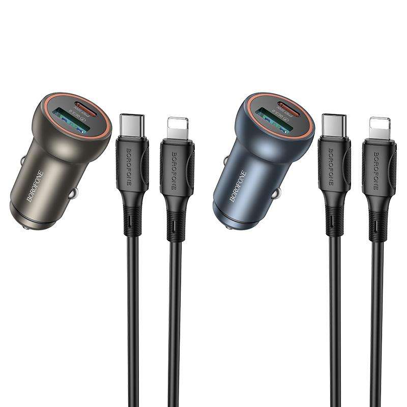 BOROFONE BZ32A Fresh PD30W Type-C and QC3.0 USB Car Charger Set with 1m 8 Pin Cable(Metal Grey)