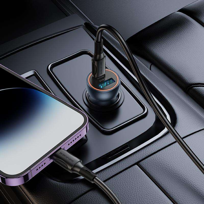 BOROFONE BZ32A Fresh PD30W Type-C and QC3.0 USB Car Charger Set with 1m 8 Pin Cable(Metal Grey)