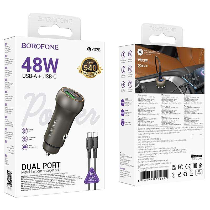 BOROFONE BZ32B Fresh 48W Dual Ports PD30W Type-C and QC3.0 USB Car Charger Set with 1m Type-C Cable(