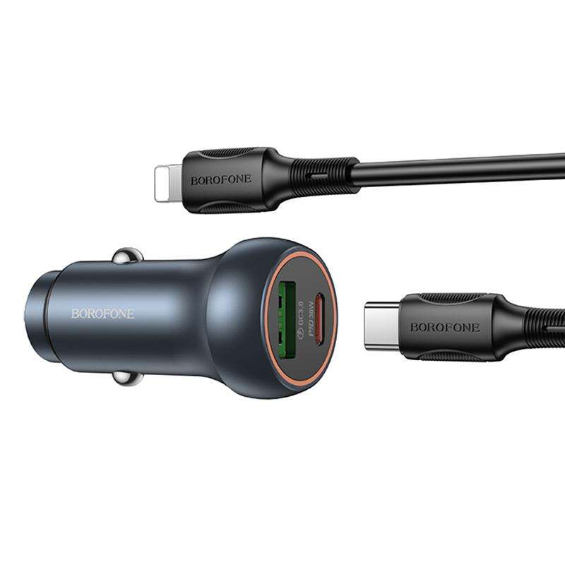 BOROFONE BZ32B Fresh 48W Dual Ports PD30W Type-C and QC3.0 USB Car Charger Set with 1m 8 Pin Cable(M