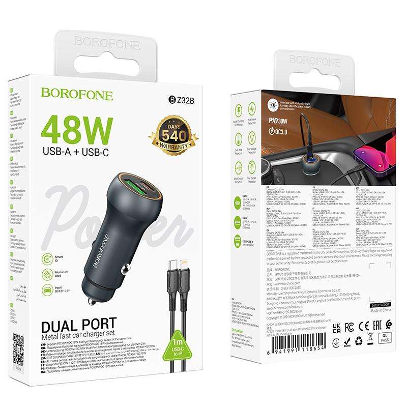 BOROFONE BZ32B Fresh 48W Dual Ports PD30W Type-C and QC3.0 USB Car Charger Set with 1m 8 Pin Cable(M