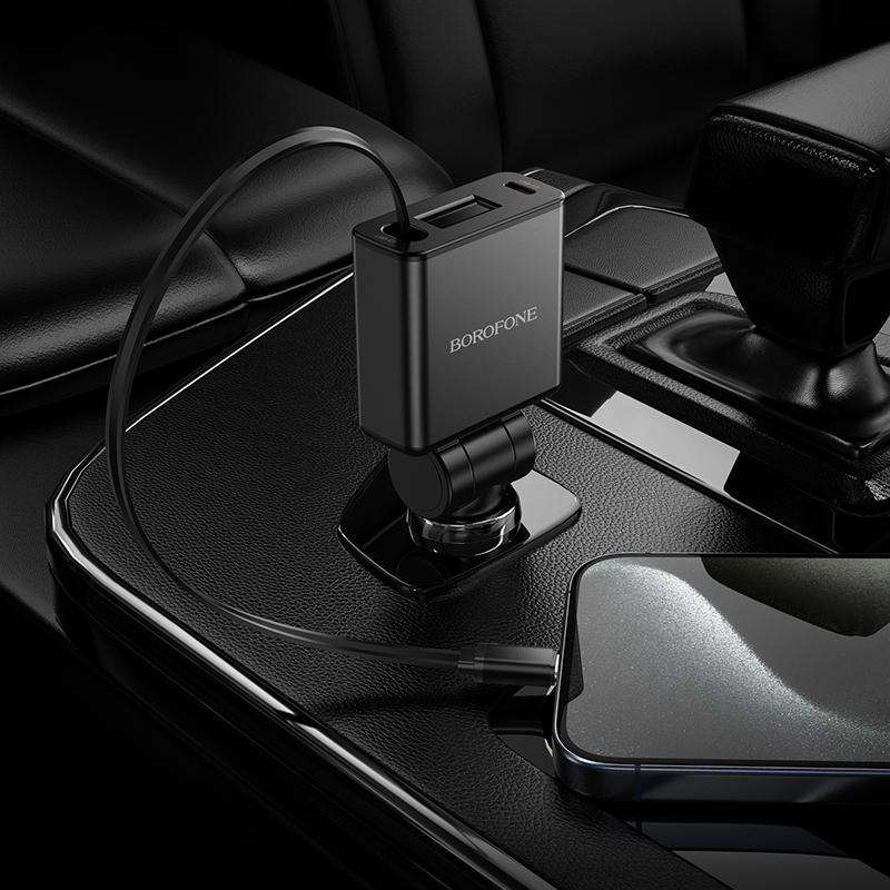 BOROFONE BZ33 Auspicious PD60W Type-Cx2 Car Charger with Retractable Cable(Black)
