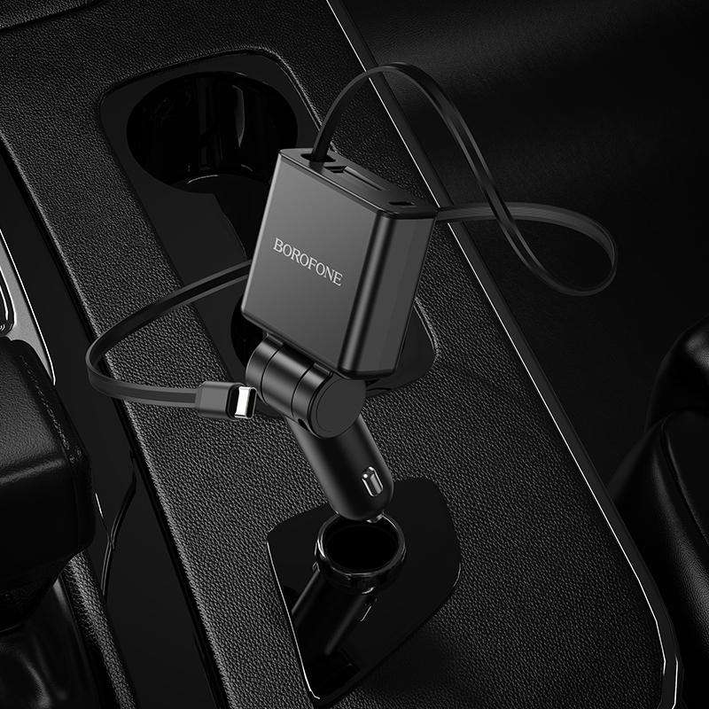 BOROFONE BZ33 Auspicious PD60W Type-Cx2 Car Charger with Retractable Cable(Black)