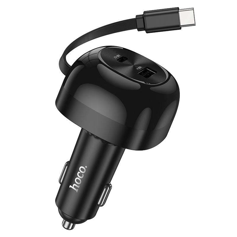 hoco NZ15 Unimpeded PD 60W USB, Type-C Car Charger with Type-C Retractable Cable(Black)