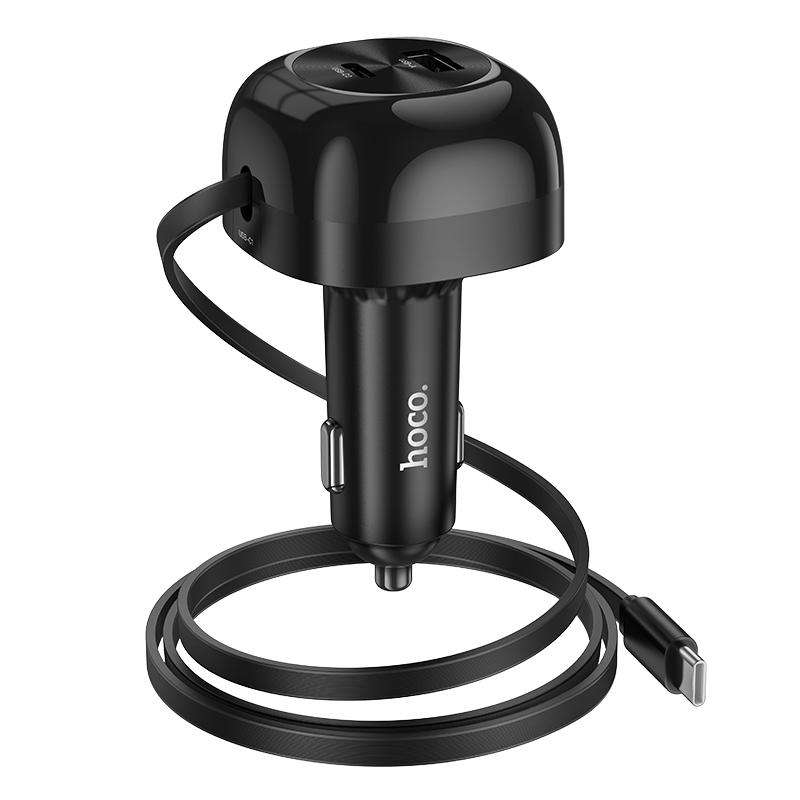 hoco NZ15 Unimpeded PD 60W USB, Type-C Car Charger with Type-C Retractable Cable(Black)