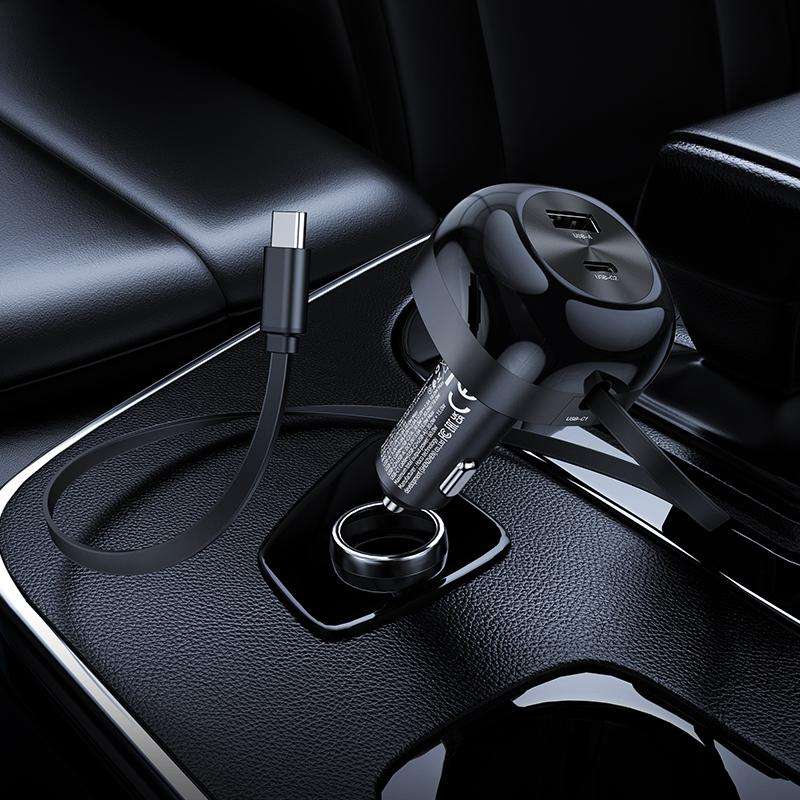 hoco NZ15 Unimpeded PD 60W USB, Type-C Car Charger with Type-C Retractable Cable(Black)