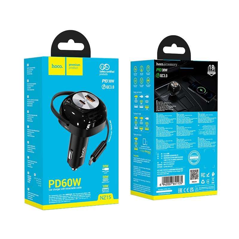 hoco NZ15 Unimpeded PD 60W USB, Type-C Car Charger with Type-C Retractable Cable(Black)