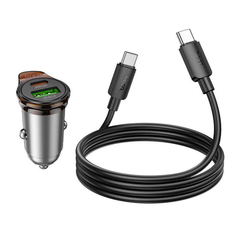 hoco NZ16A Rigorous PD25W and QC3.0 Dual Port Car Charger Set with Type-C to Type-C Cable(Grey)