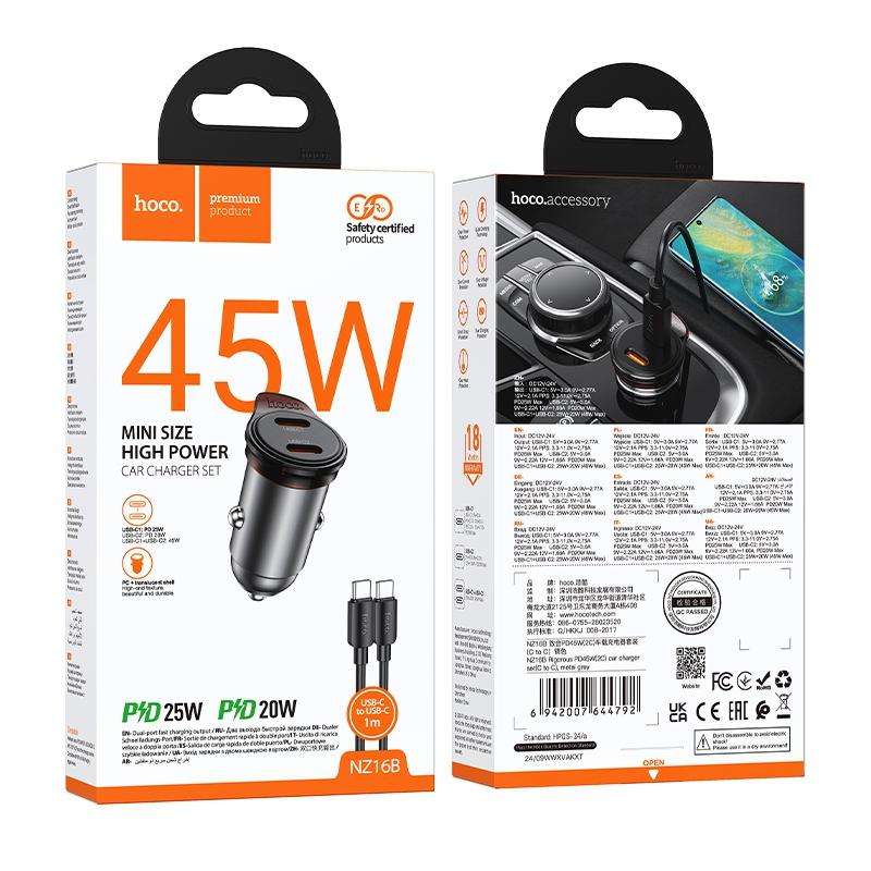 hoco NZ16B Rigorous PD45W USB-C / Type-C Dual Port Car Charger Set with Type-C to Type-C Cable(Grey)