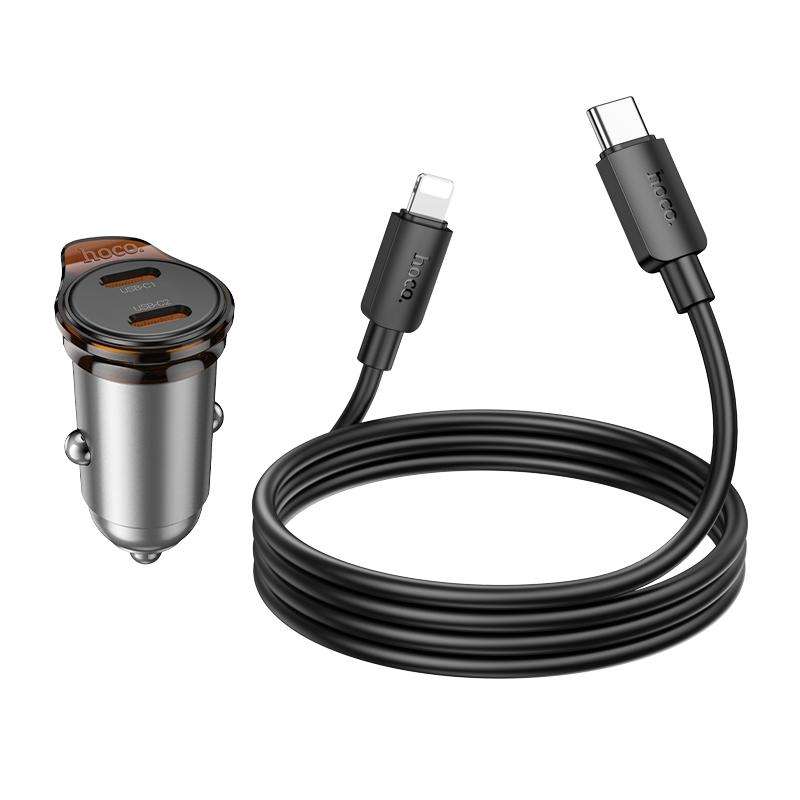 hoco NZ16B Rigorous PD45W USB-C / Type-C Dual Port Car Charger Set with Type-C to 8 Pin Cable(Grey)