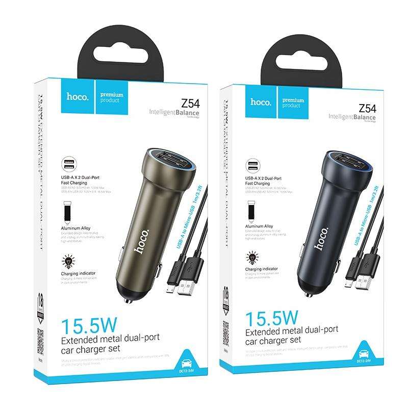 hoco Z54 Prosperous USB-A Dual Port Car Charger Set with USB to Micro USB Cable(Gold)