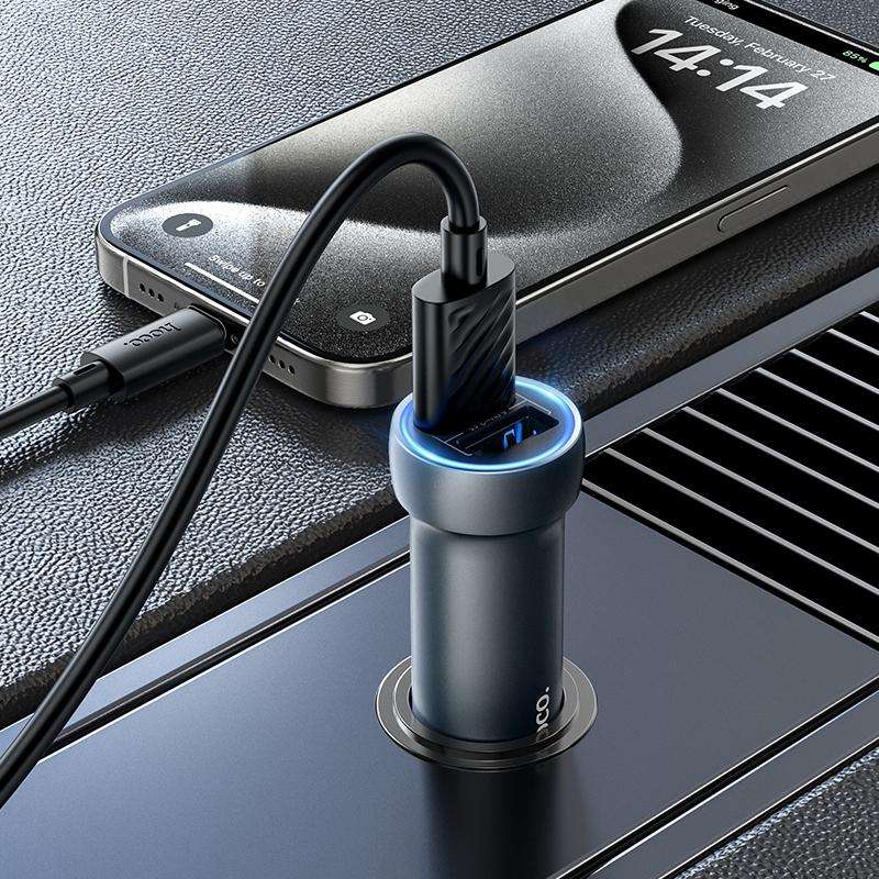 hoco Z54 Prosperous USB-A Dual Port Car Charger Set with USB to Type-C Cable(Gold)
