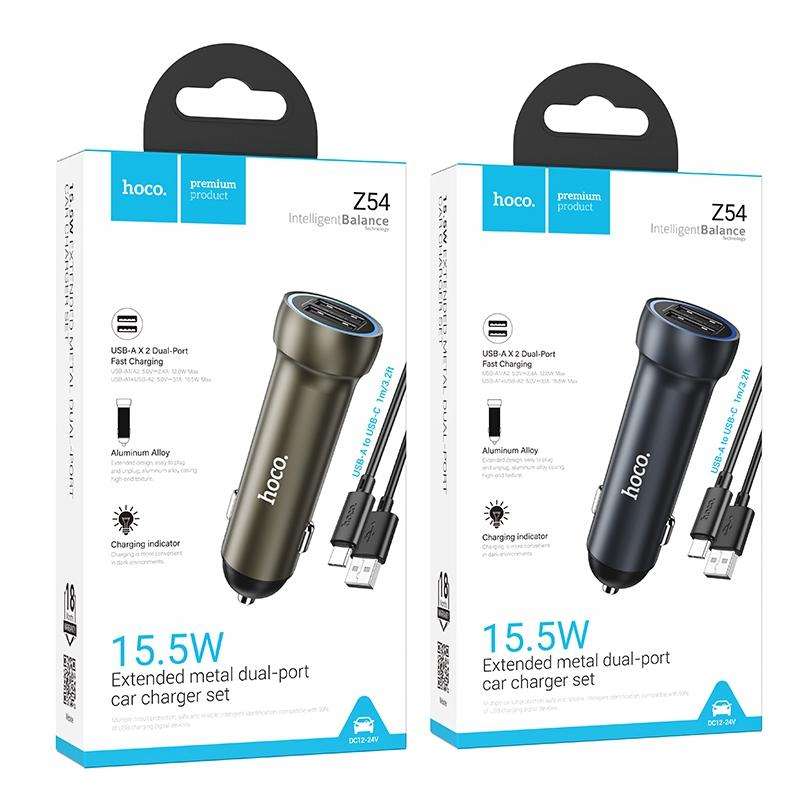 hoco Z54 Prosperous USB-A Dual Port Car Charger Set with USB to Type-C Cable(Gold)