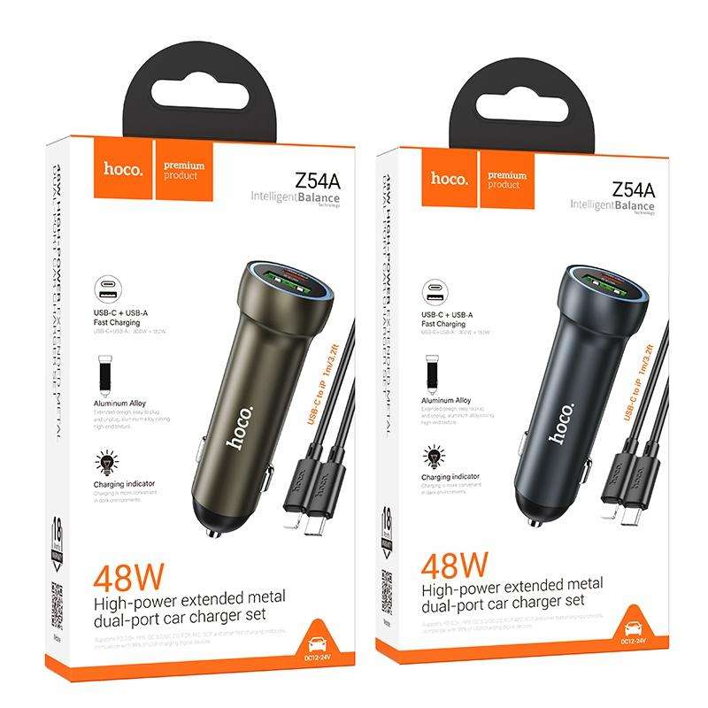 hoco Z54A Prosperous PD30W and QC3.0 Dual Port Car Charger Set with Type-C to 8 Pin Cable(Gold)