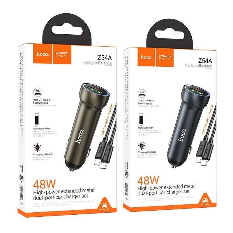 hoco Z54A Prosperous PD30W and QC3.0 Dual Port Car Charger Set with Type-C to Type-C Cable(Gold)
