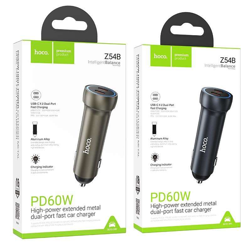 hoco Z54B Prosperous PD60W USB-C / Type-C Dual Port Car Charger(Grey)