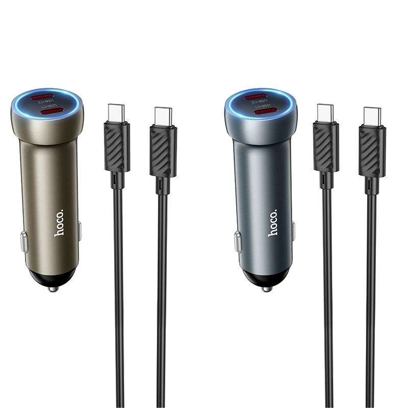 hoco Z54B Prosperous PD60W USB-C / Type-C Dual Port Car Charger Set with Type-C to Type-C Cable(Grey