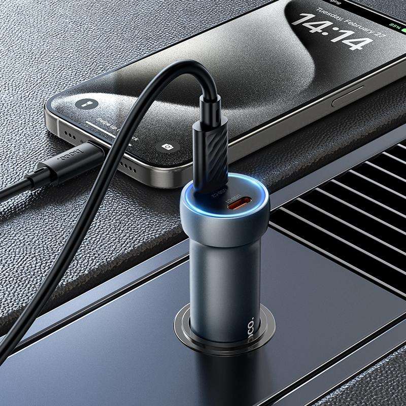 hoco Z54B Prosperous PD60W USB-C / Type-C Dual Port Car Charger Set with Type-C to Type-C Cable(Grey