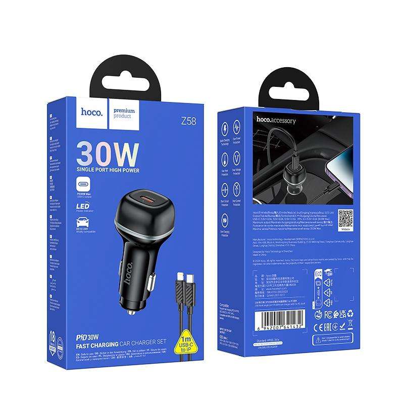 hoco Z58 Rank PD30W USB-C / Type-C Single Port Car Charger Set with Type-C to 8 Pin Cable(Black)