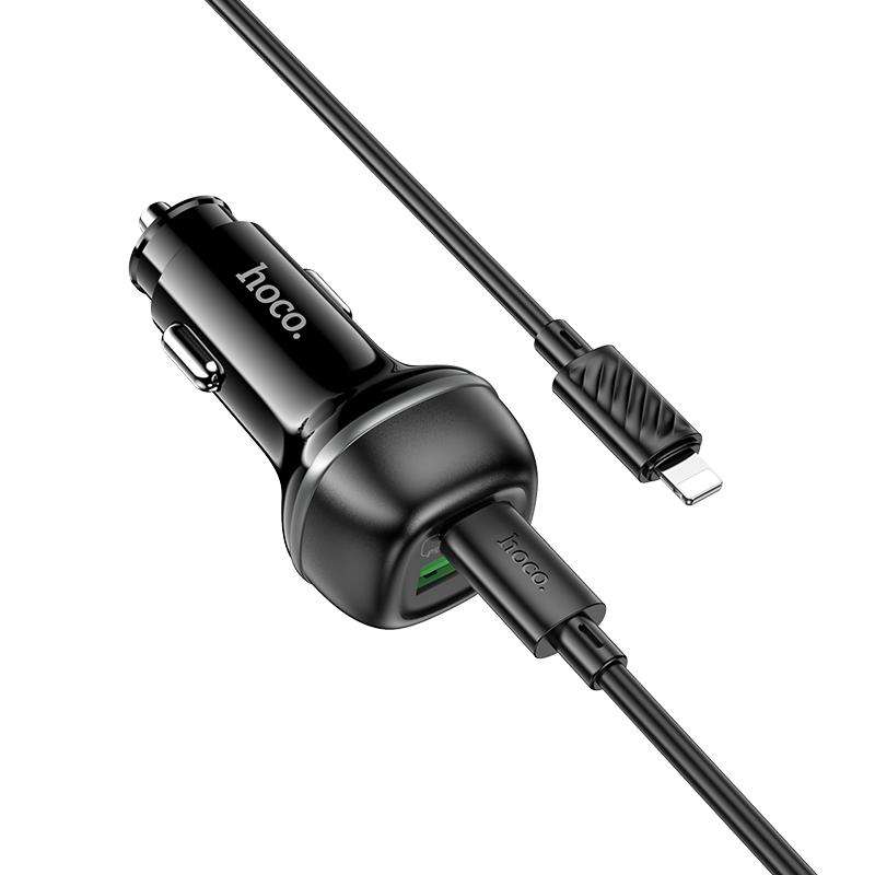 hoco Z58A Rank Dual Port PD30W and QC3.0 Car Charger Set with Type-C to 8 Pin Cable(Black)