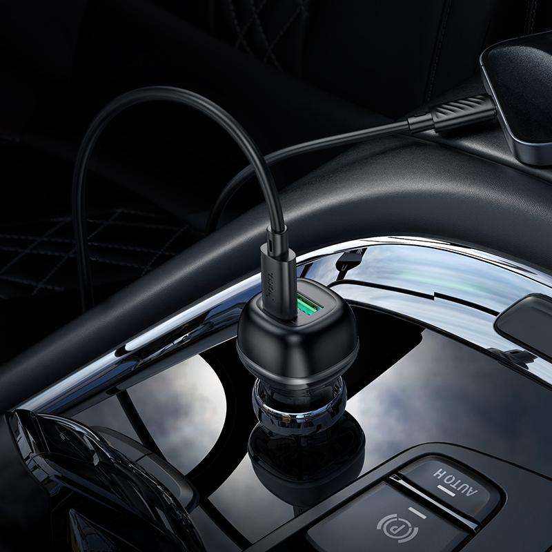 hoco Z58A Rank Dual Port PD30W and QC3.0 Car Charger Set with Type-C to 8 Pin Cable(Black)
