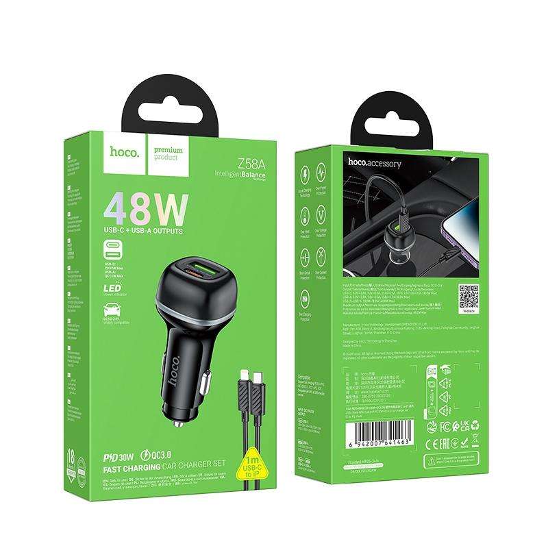 hoco Z58A Rank Dual Port PD30W and QC3.0 Car Charger Set with Type-C to 8 Pin Cable(Black)