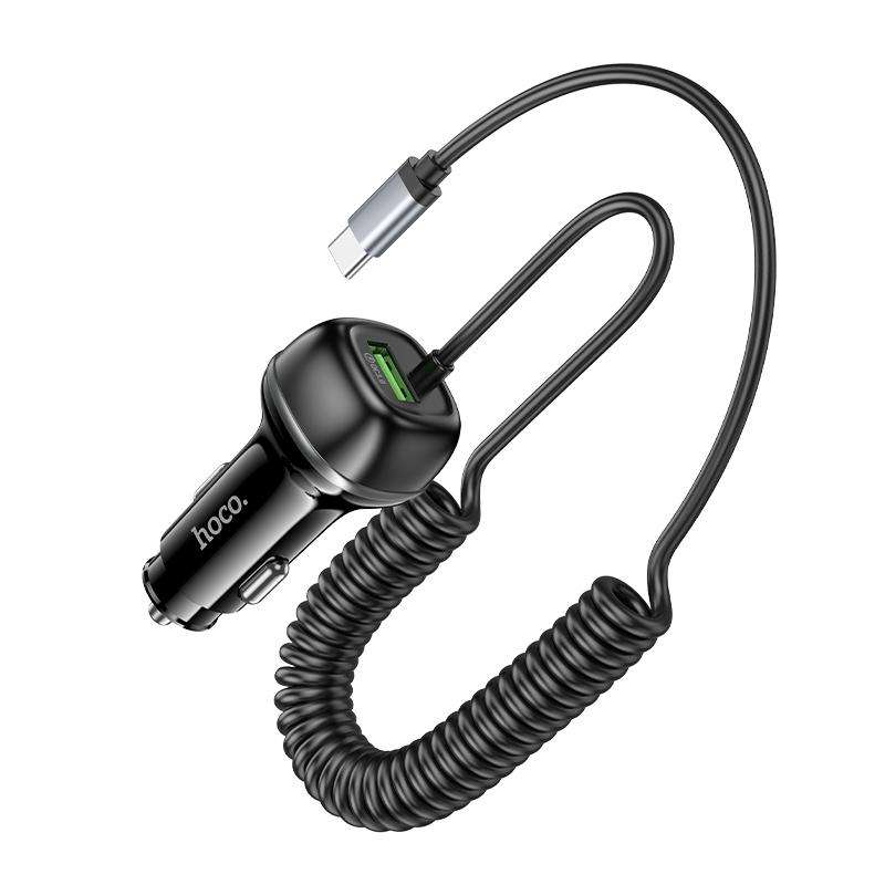 hoco Z58B Rank PD30W and QC3.0 Car Charger with Type-C Spring Cable(Black)