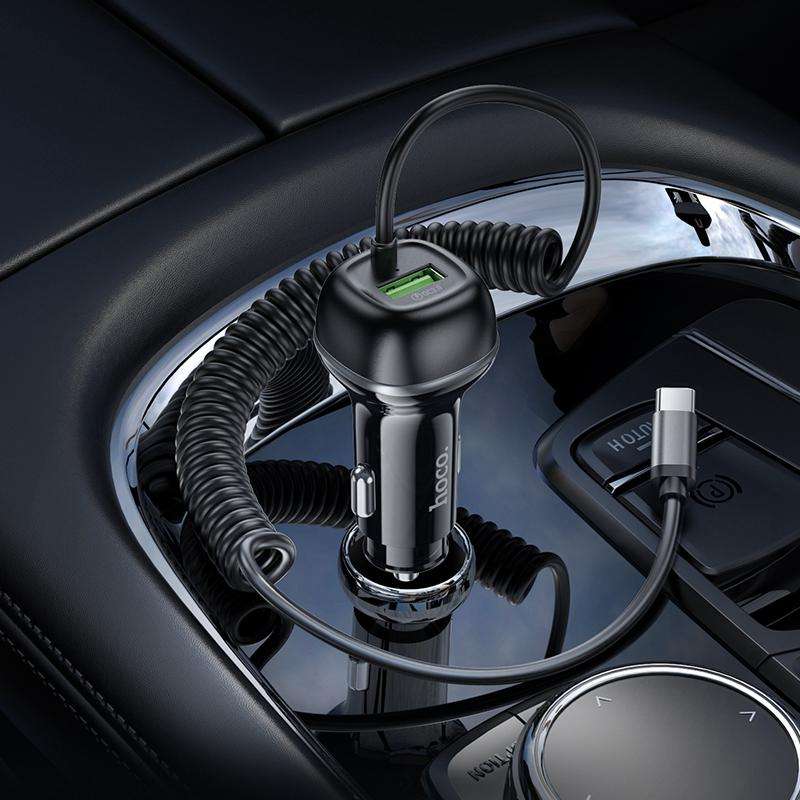 hoco Z58B Rank PD30W and QC3.0 Car Charger with Type-C Spring Cable(Black)