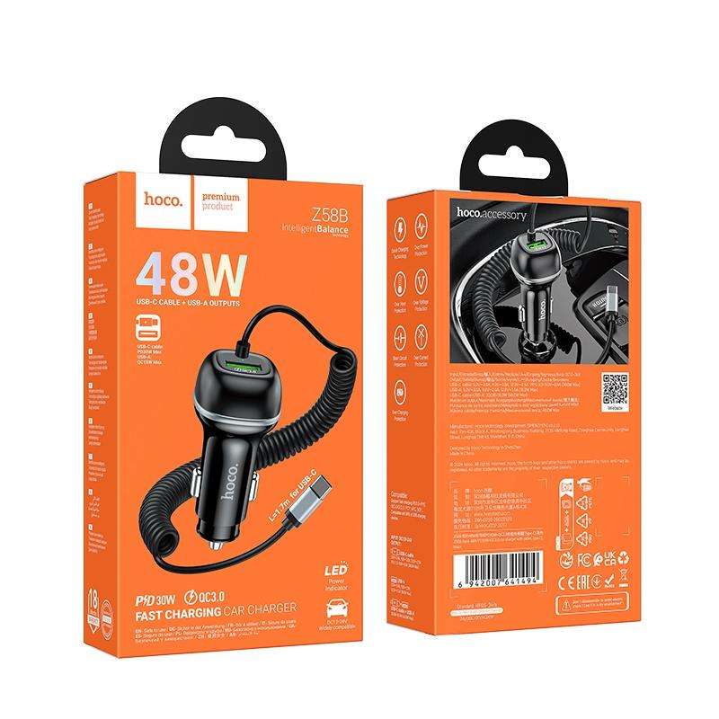 hoco Z58B Rank PD30W and QC3.0 Car Charger with Type-C Spring Cable(Black)