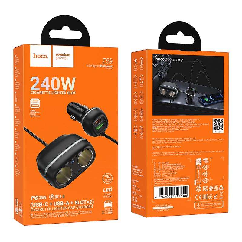 hoco Z59 Rank Dual Port PD30W and QC3.0 Dual Cigarette Lighter Slot Car Charger(Black)