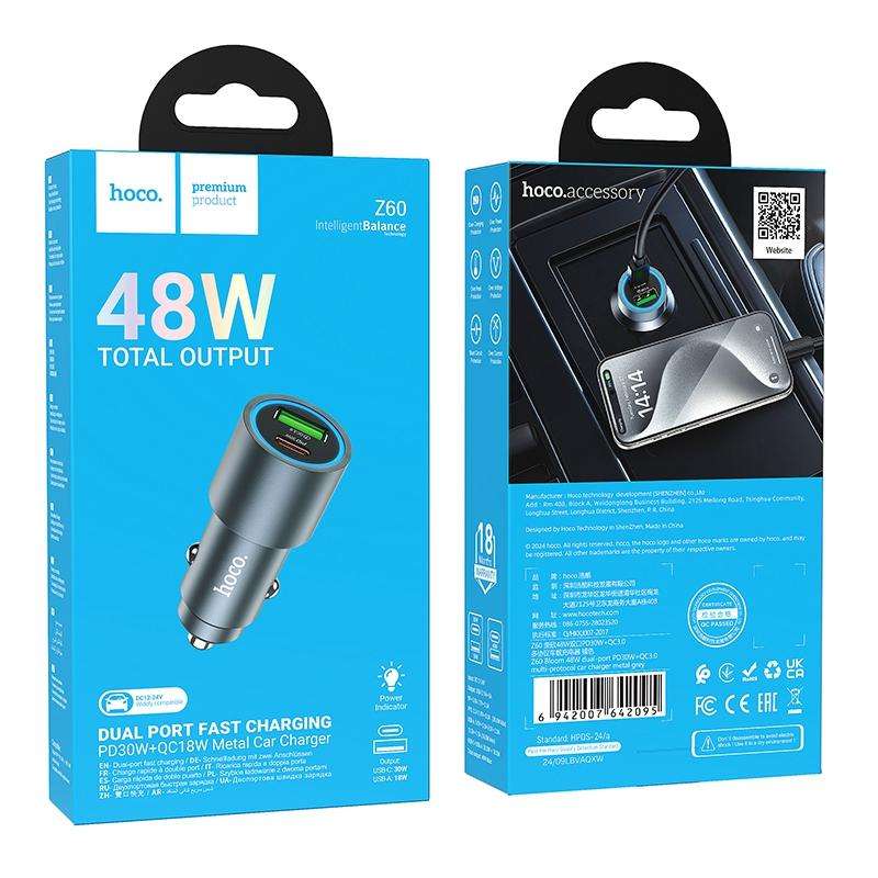 hoco Z60 Bloom PD30W and QC3.0 Dual Port Multi-protocol Car Charger(Metal Gray)