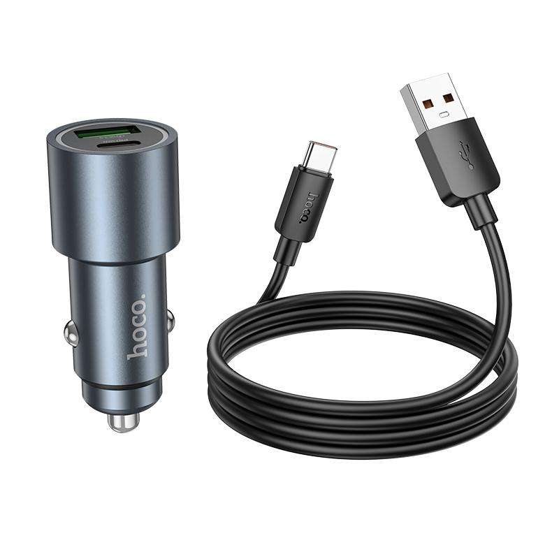 hoco Z60 Bloom PD30W and QC3.0 Dual Port Multi-protocol Car Charger Set with USB to Type-C Cable(Met