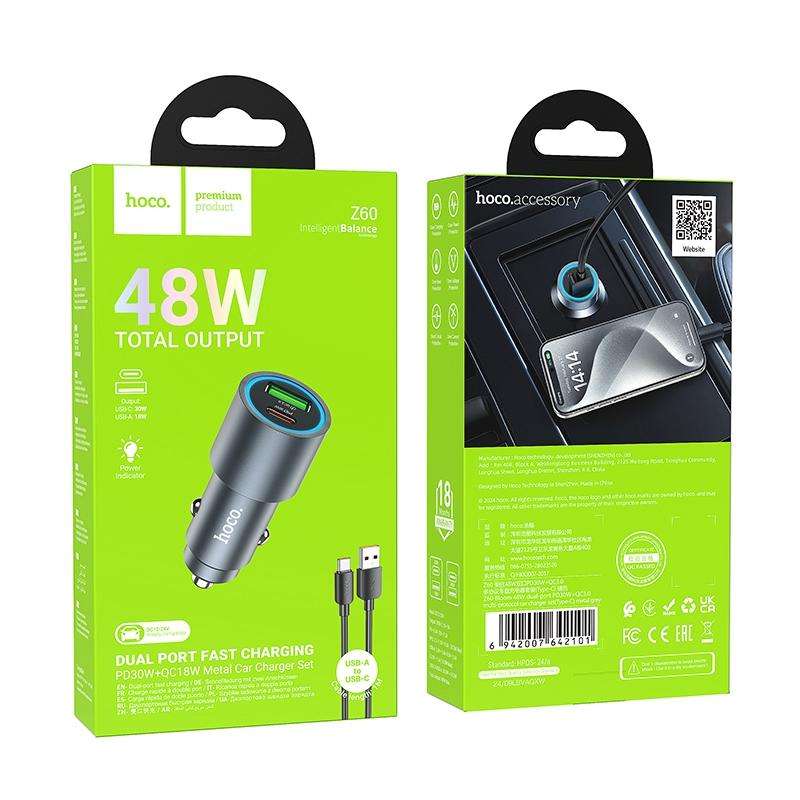 hoco Z60 Bloom PD30W and QC3.0 Dual Port Multi-protocol Car Charger Set with USB to Type-C Cable(Met