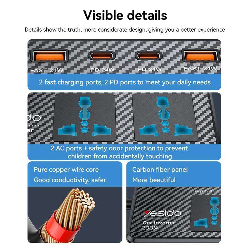 Yesido VC07 200W AC220V Multifunctional Car Inverter(Black)