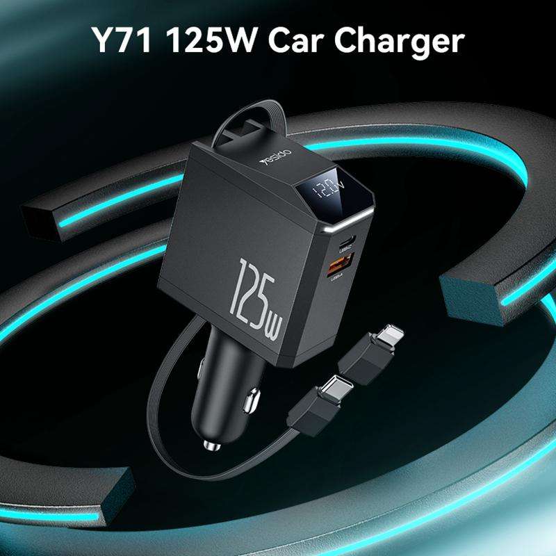 Yesido Y71 125W Type-C + 8 Pin Retractable Cable 3 in 1 Car Charger(Black)