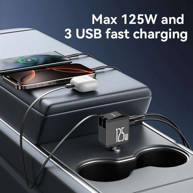 Yesido Y71 125W Type-C + 8 Pin Retractable Cable 3 in 1 Car Charger(Black)