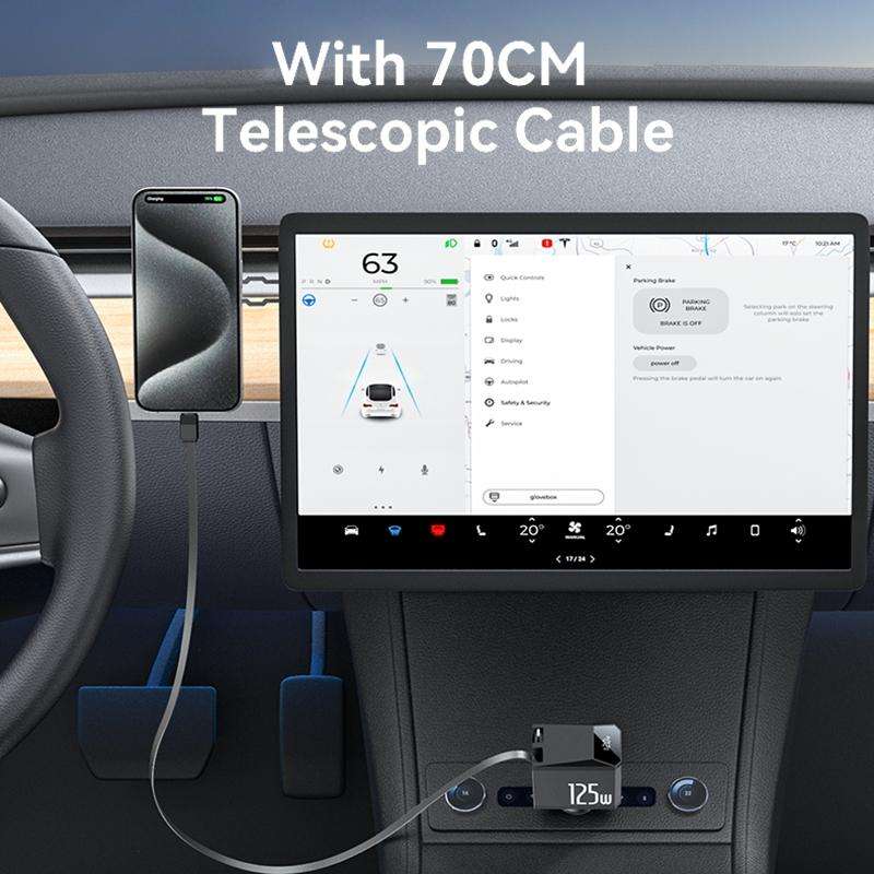 Yesido Y71 125W Type-C + 8 Pin Retractable Cable 3 in 1 Car Charger(Black)