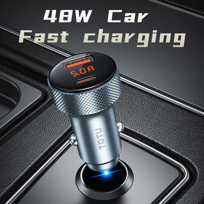 TOTU CC-4 48W USB-A and USB-C / Type-C Digital Display Dual Ports Fast Charging Car Charger(Grey)