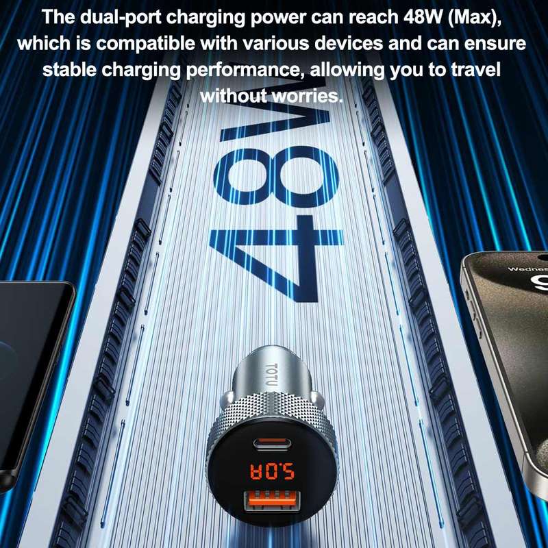 TOTU CC-4 48W USB-A and USB-C / Type-C Digital Display Dual Ports Fast Charging Car Charger(Grey)