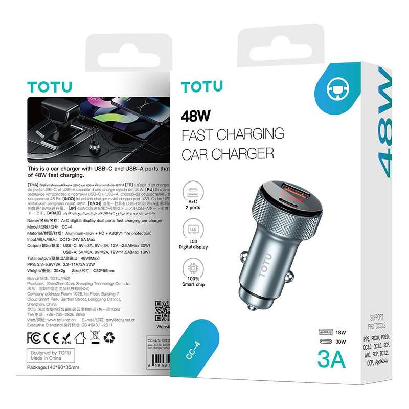 TOTU CC-4 48W USB-A and USB-C / Type-C Digital Display Dual Ports Fast Charging Car Charger(Grey)