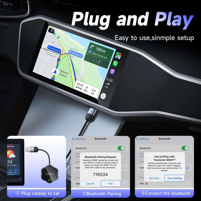 USB Wired to Wireless Car CarPlay Box Adapter, with Type-C Adapter(Black)
