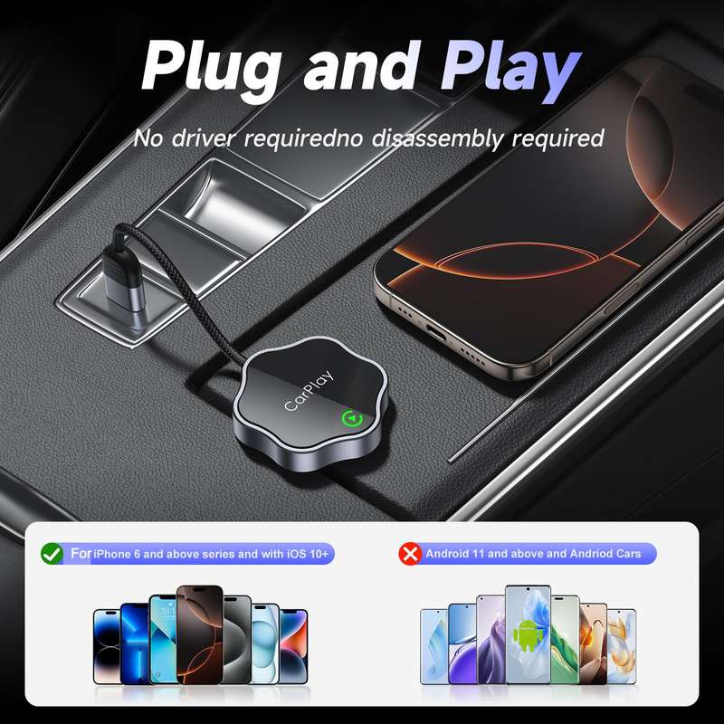 USB Wired to Wireless Car CarPlay Box Adapter, with Type-C Adapter(Black)