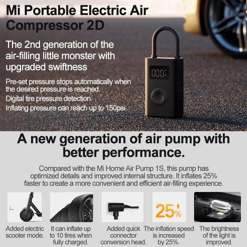 Xiaomi Mijia Air Pump 2D Portable Electric Air Compressor For Motorcycle Car Basketball(Black)