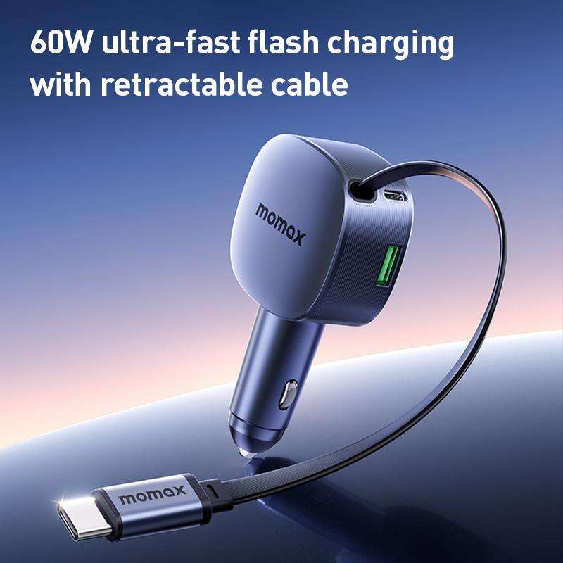 MOMAX UC19 60W 3 in 1 Car Charger with Retractable Cable(Dark Grey)